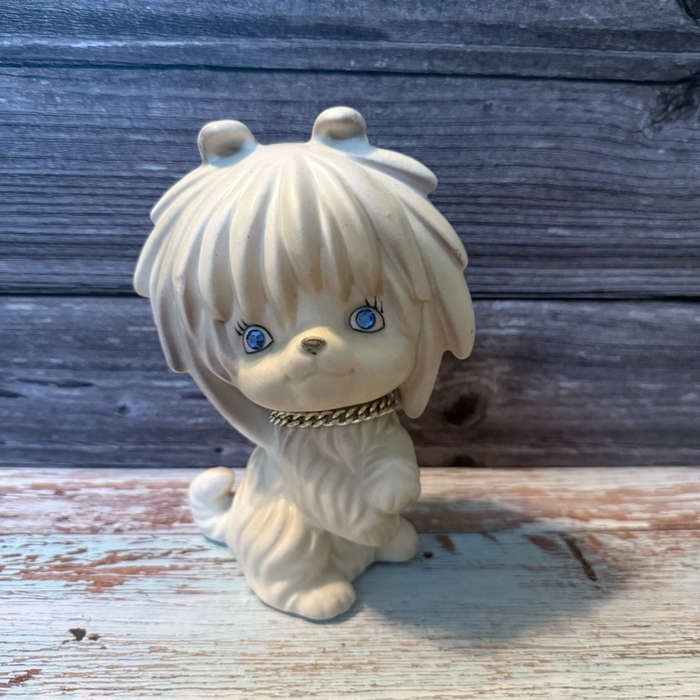 Vintage Lego Japan Puppy Coin Bank White Blue Rhinestone Eyes Chain Maltese